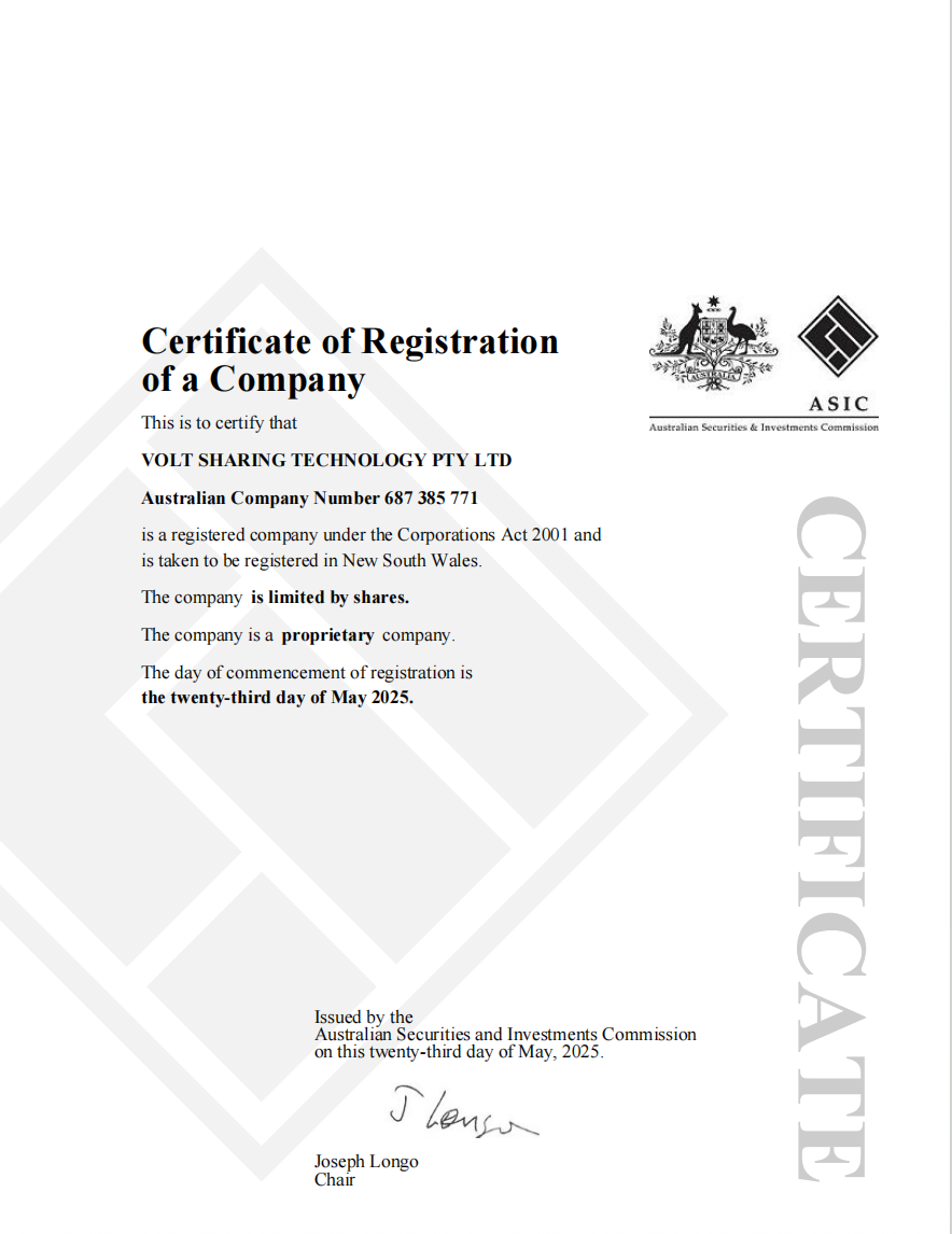 VOLT 註冊證書