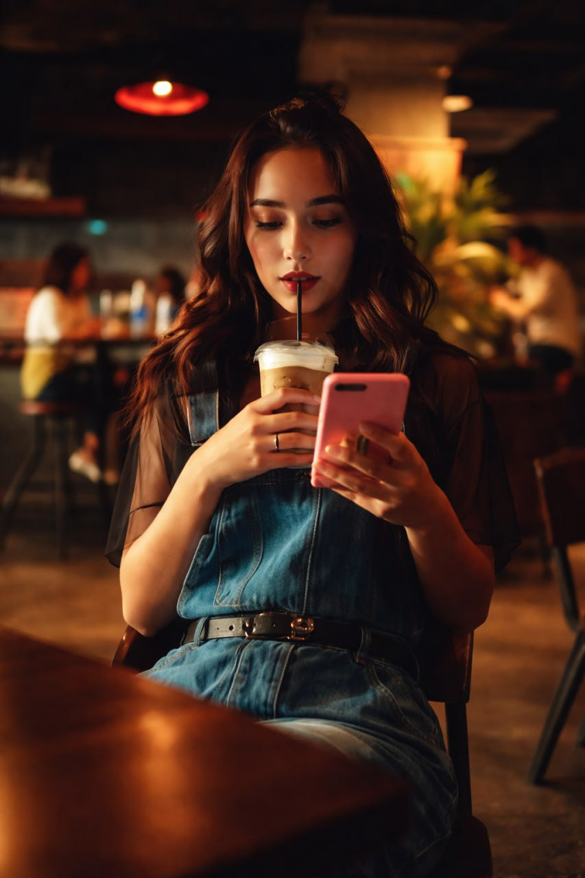 Cafe Customer Using Mobile Phone